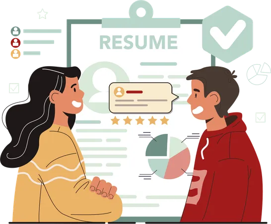 Man and girl looking at resume analysis  Illustration