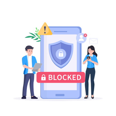 Man and girl looking user blocked alert on mobile  Illustration