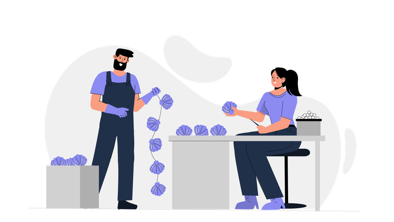 Man and girl making shell hanging  Illustration