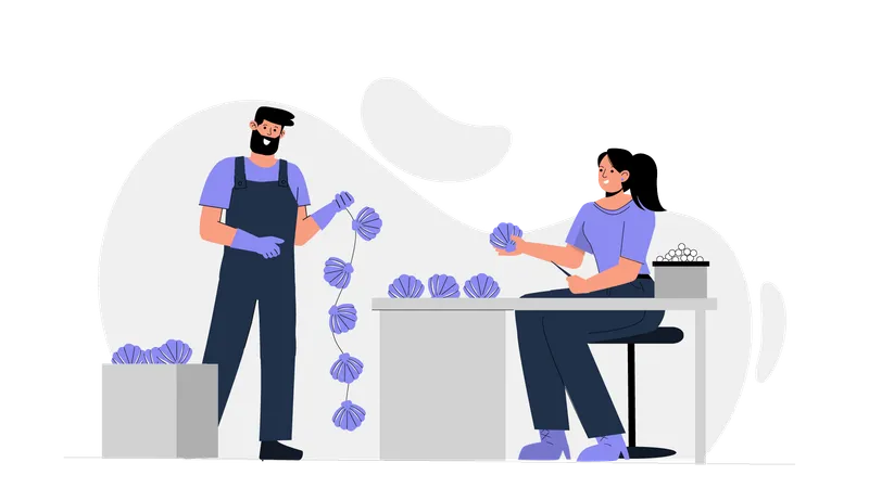 Man and girl making shell hanging  Illustration