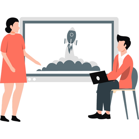 Man and girl talking about startup rocket  Illustration