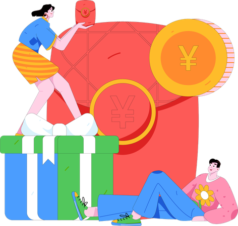 Man and girl with Chinese wallet  Illustration