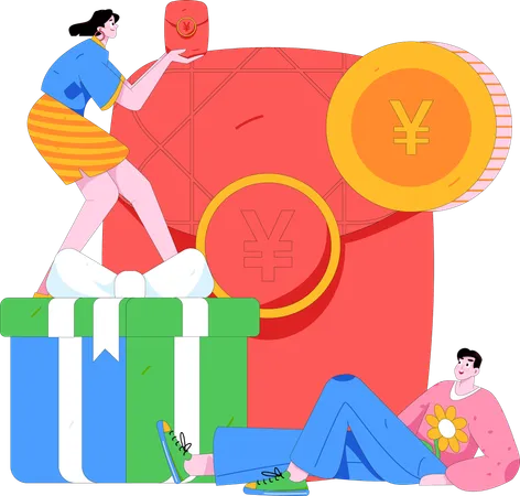 Man and girl with Chinese wallet  Illustration