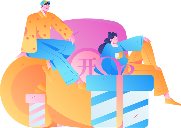 Man and Girl with gift angpow  Illustration