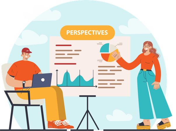 Man and Girl working in business analysis  Illustration
