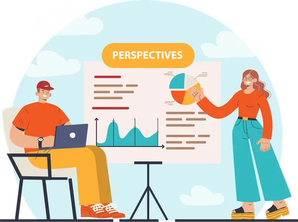 Man and Girl working in business analysis  Illustration