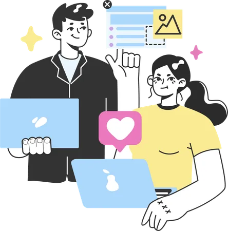 Man and girl working on digital data  Illustration