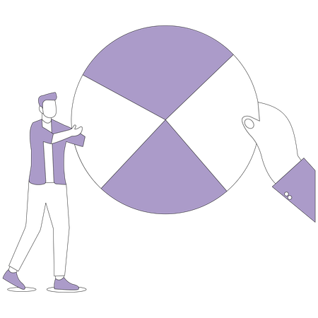 Man and hand add up parts of pie chart  Illustration
