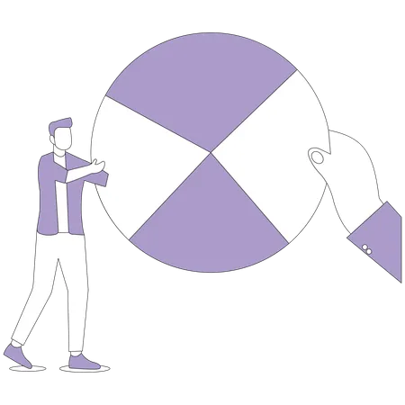 Man and hand add up parts of pie chart  Illustration