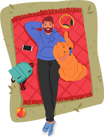 Man And His Dog Enjoy Peaceful Day Lying On Blanket  Illustration