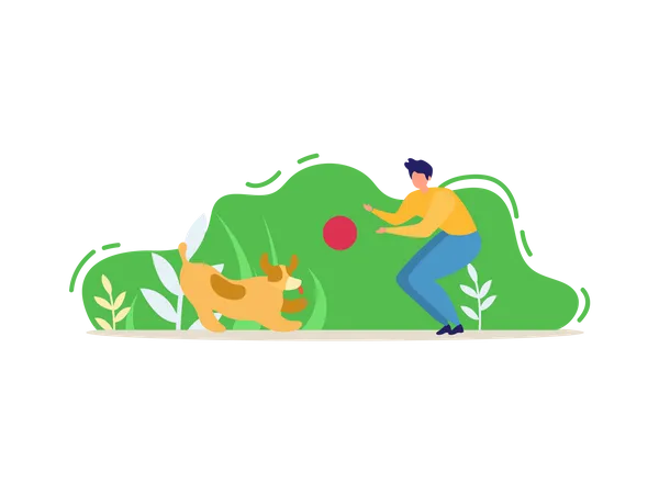 Man and his pet Dog Playing with Ball in Park  Illustration