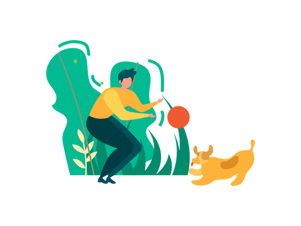 Man and his pet Dog Playing with Ball in Park  Illustration