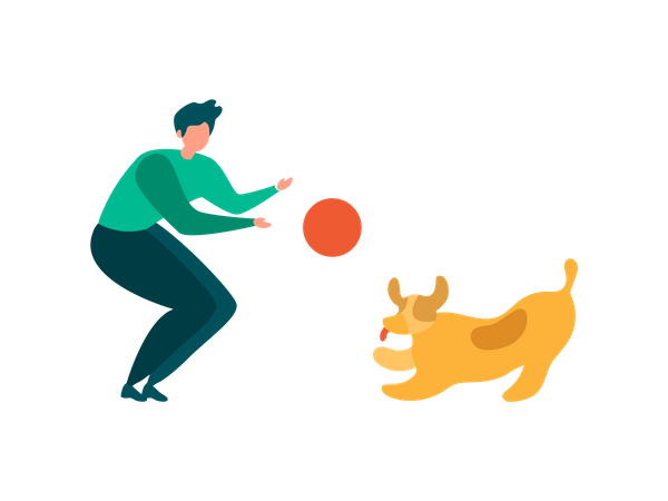 Man and his pet Playing with Ball in Park  Illustration