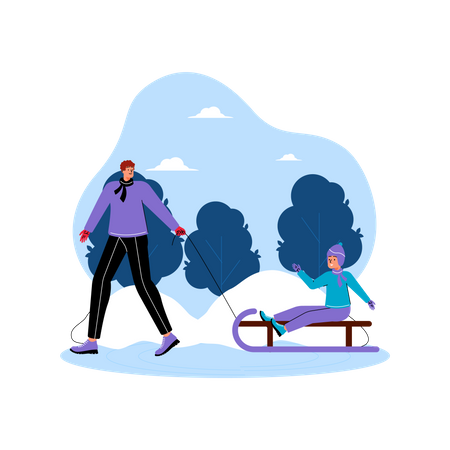 Man and his son enjoying sliding on sleigh in winter season  Illustration