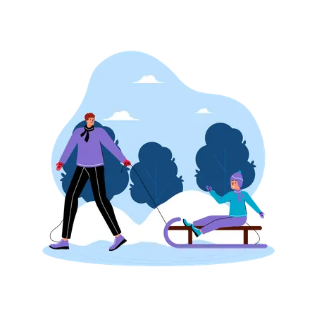 Man and his son enjoying sliding on sleigh in winter season  Illustration