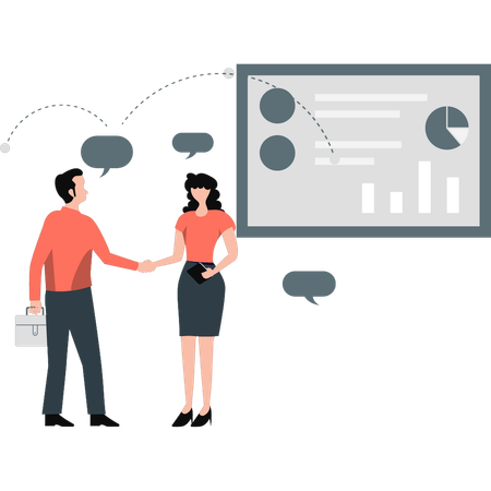 Man and lady talking about business chart  Illustration