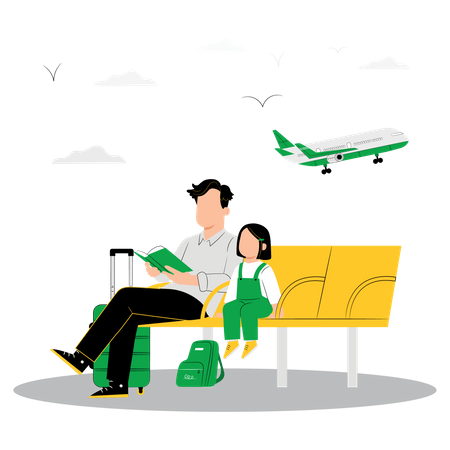Man and little girl waiting for plane  Illustration