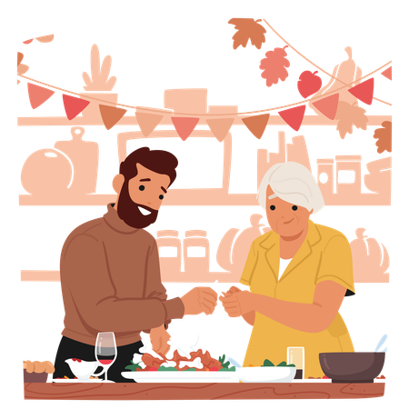 Man And Older Woman Sharing Turkey Bone In Cozy Kitchen  Illustration