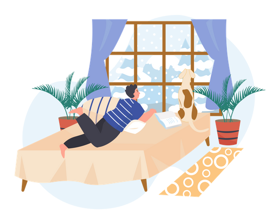 Man and pet dog on bed in front of window Illustration