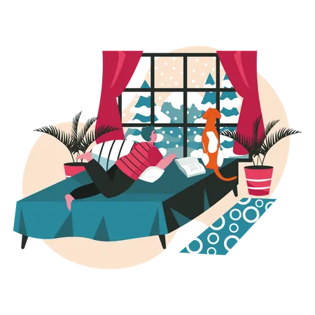 Different People Relaxing In Cozy Bedroom Scene Concept Man Lies On Bed With Dog Looks Out Window It Is Snowing Animal And Owner People Activities Vector Illustration Of Characters In Flat Design Illustration