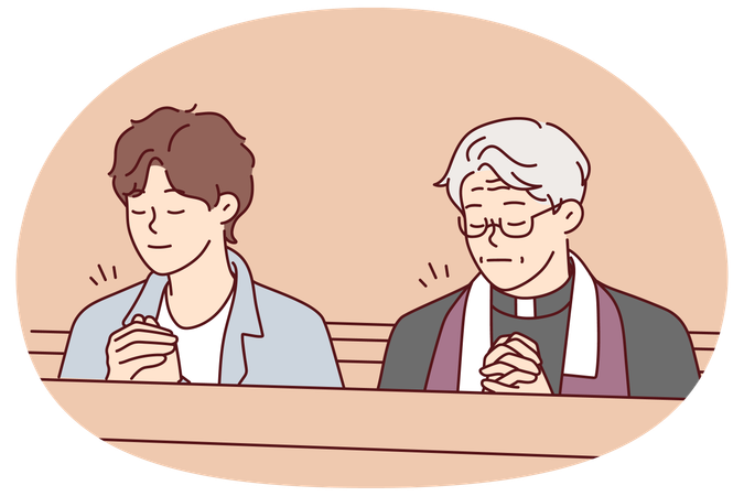 Man and priest pray in church  Illustration