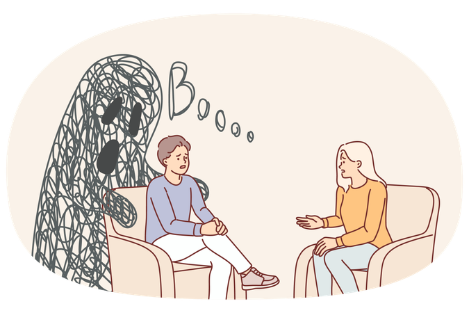 Man and psychotherapist sit in chair talking about fears and problems that interfere  Illustration