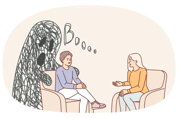 Man and psychotherapist sit in chair talking about fears and problems that interfere  Illustration