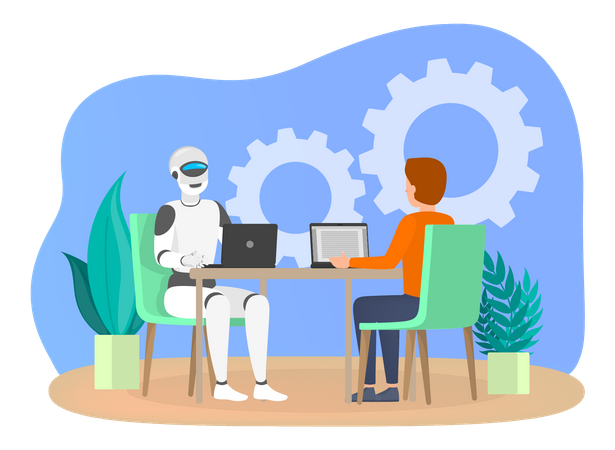 Man and robot working together in office  Illustration