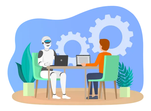 Man and robot working together in office  Illustration