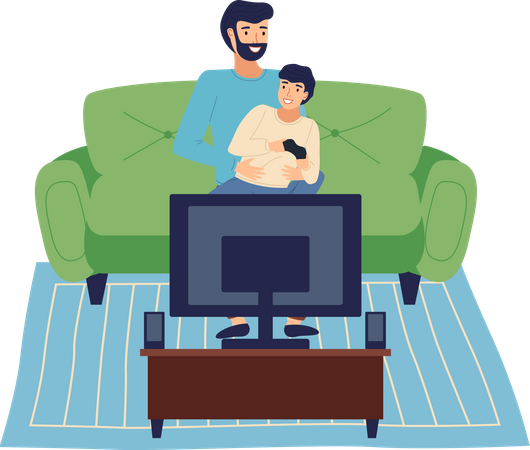 Man and son playing games at home  Illustration