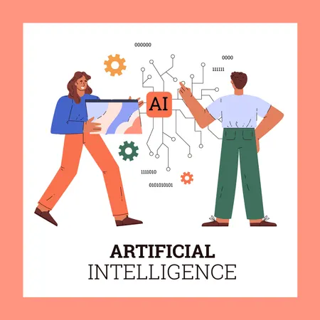 Man and woman about artificial intelligence learning  Illustration