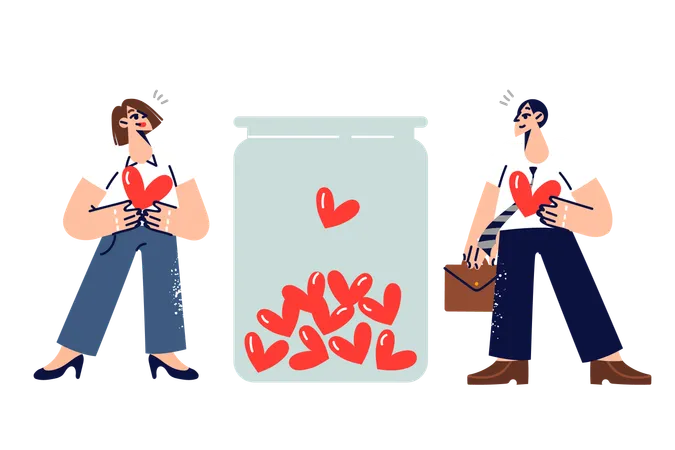 Man and woman act as donors collecting blood for people in need while standing near jar with hearts  Illustration