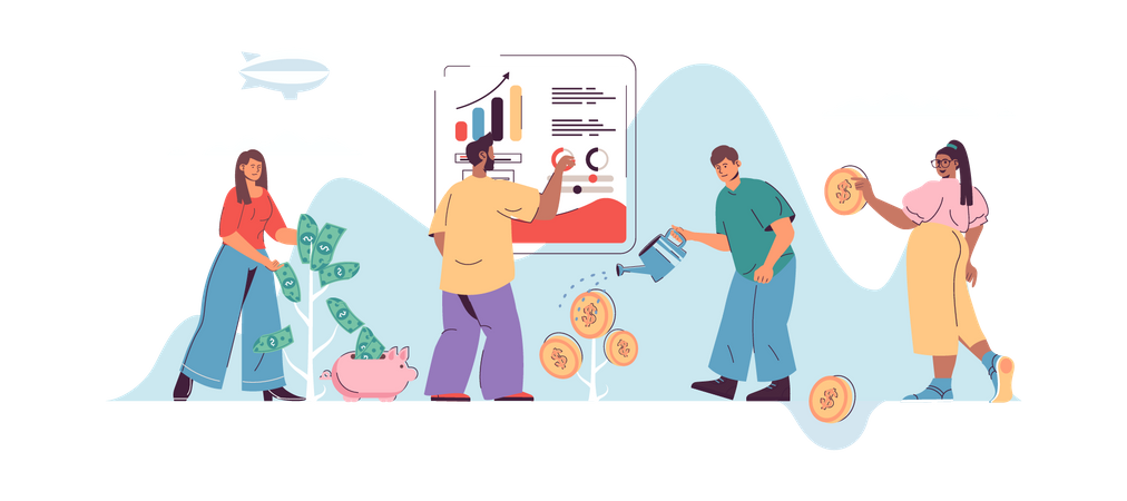Man and woman analyzing statistics and investing money in success project  Illustration