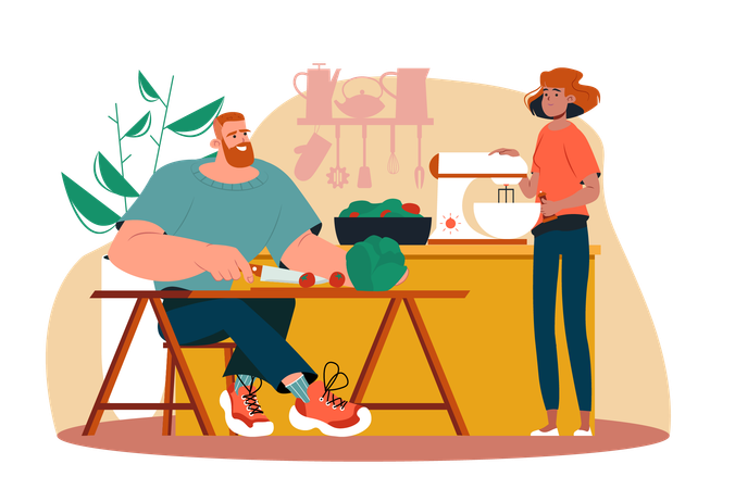 Man and woman are cooking delicious dishes together in the kitchen  Illustration