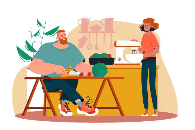 Man and woman are cooking delicious dishes together in the kitchen  Illustration