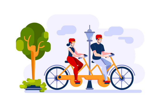 Man and woman are cycling on a double bike in the park  Illustration