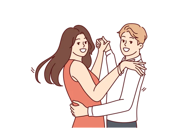 Man And Women Dancing Bachata Or Salsa Wish To Become Professional Latin Dancers And Embracing Partner Looking At Camera Happy Couple Of Guys And Girls Dancing To Music In Club Or On Dance Floor イラスト