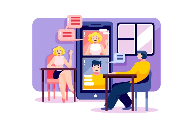 Man and woman are having online meeting by smartphone Illustration