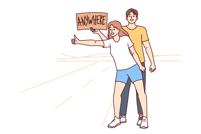 Man and woman are hitchhiking  Illustration