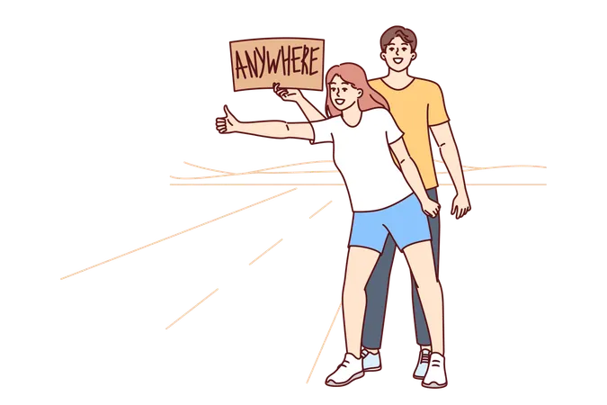Man and woman are hitchhiking  Illustration