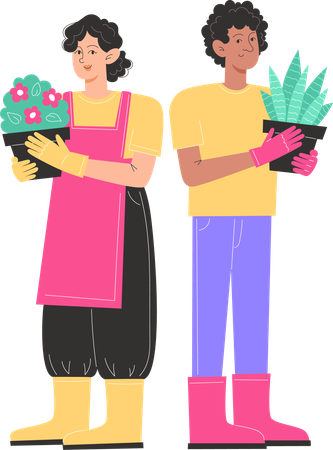 Man and woman are holding flower pot  Illustration