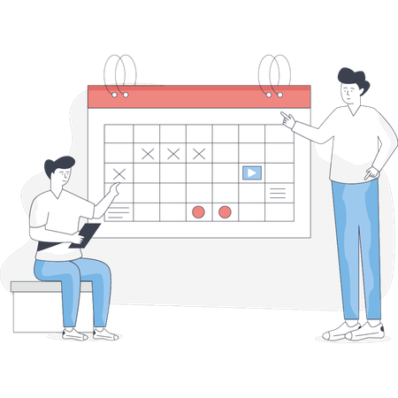 Man and woman are seated on a bench looking at a calendar together possibly planning future activities  Illustration