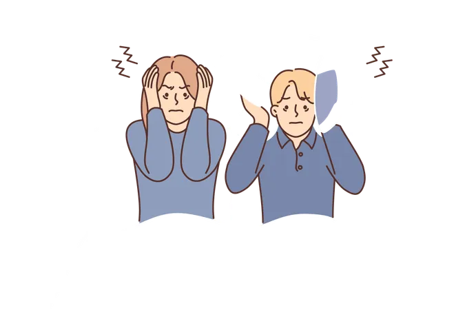 Man And Woman Suffering From Insomnia Sit In Bed And Cover Ears With Pillow Due To Noisy Neighbors Married Couple Cannot Sleep Because Insomnia Caused By Poor Soundproofing In Apartment Illustration