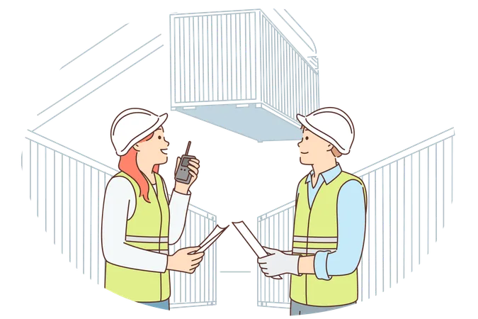Man and woman are working in container port  イラスト