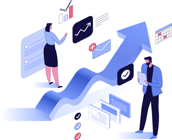 Man and woman at large growth arrow chart  Illustration