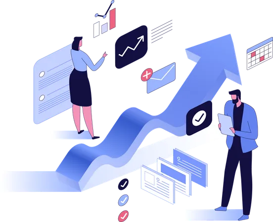 Man and woman at large growth arrow chart  Illustration