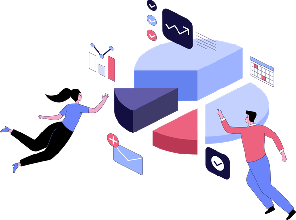 Man and woman at large pie chart  Illustration