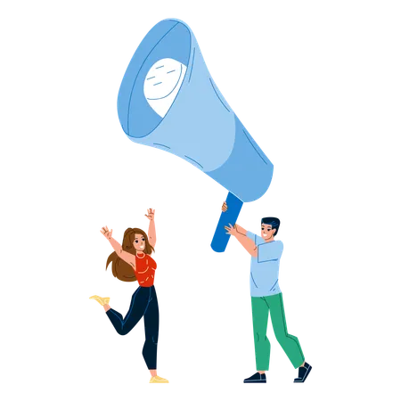 Public Alert Man And Woman At Loudspeaker Vector Young Boy And Girl Managers Public Alert Or Social Media Advertising In Megaphone Together Characters Promotion Flat Cartoon Illustration Illustration