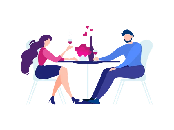 Man and Woman at Restaurant Table Drink Wine  Illustration