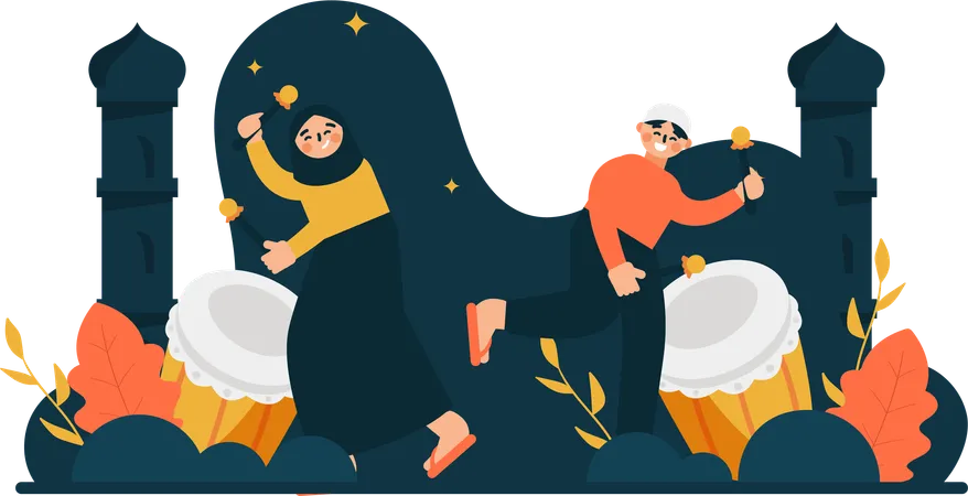 The Illustration Of Men And Women Beating The Drum Is A Visually Appealing Image That Conveys Warm Wishes And Celebration During Eid It Can Be Used In Marketing Materials Social Media Posts And Greeting Cards To Connect With Muslim Audiences Illustration